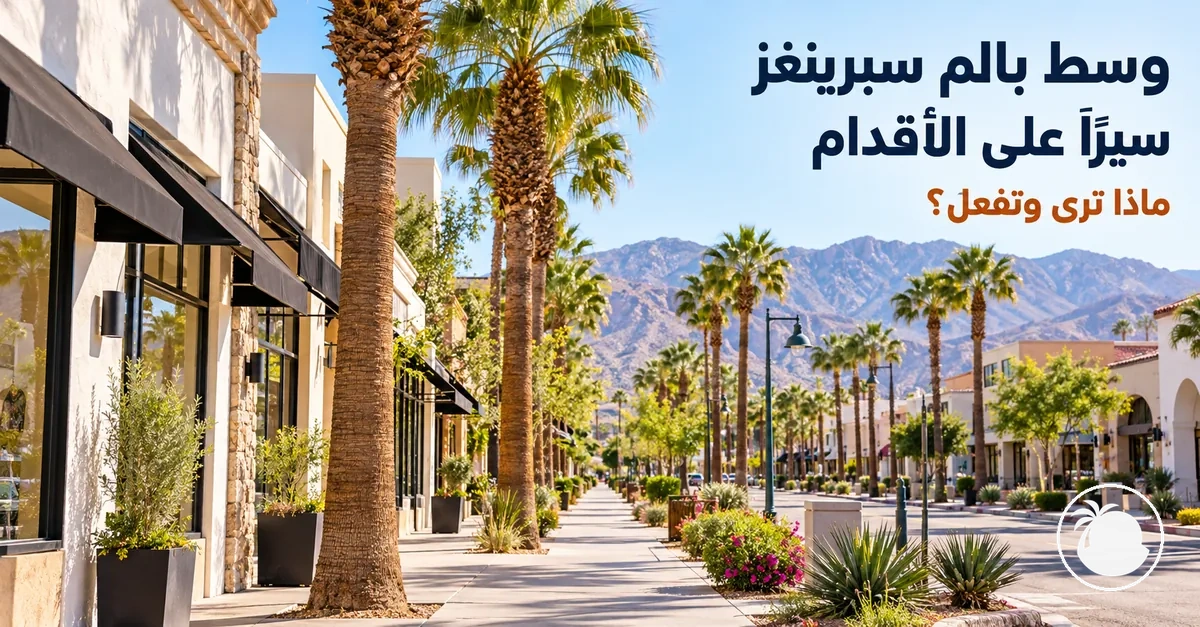 متاجر وأشجار نخيل على امتداد شارع مناسب للمشي في وسط بالم سبرينغز