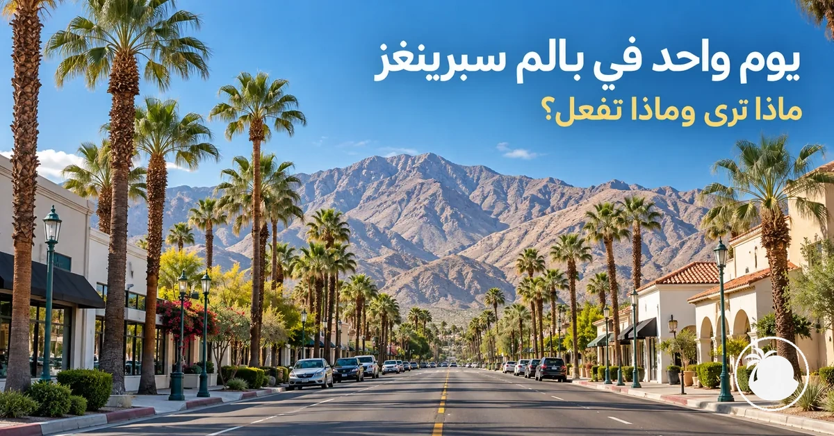 شارع تصطف على جانبيه أشجار النخيل في وسط بالم سبرينغز، وتظهر الجبال خلفه