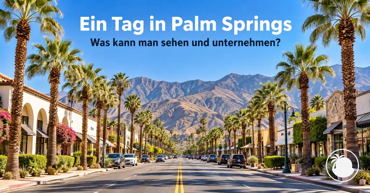 Palmengesäumte Straße in der Innenstadt von Palm Springs mit Bergen im Hintergrund