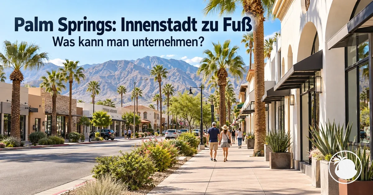Geschäfte und Palmen an einer gut zu Fuß begehbaren Straße in der Innenstadt von Palm Springs
