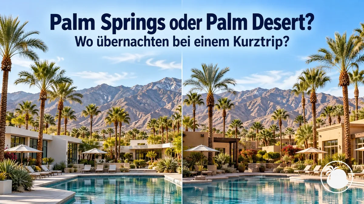 Palmen und Resortgebäude vor den Bergen im Coachella Valley