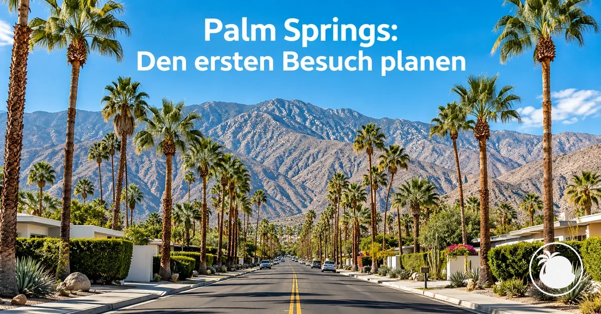 Palmengesäumte Straße in Palm Springs mit Bergen im Hintergrund