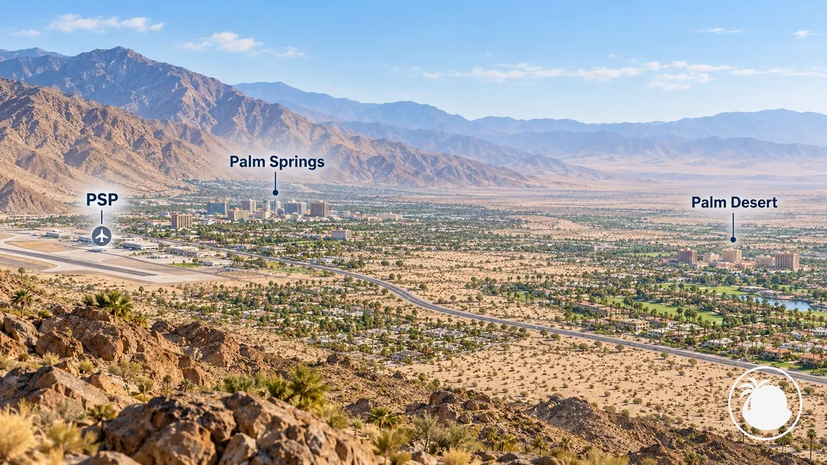 Relative Lage des Palm Springs International Airport, von Palm Springs und Palm Desert