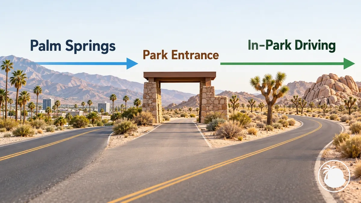 Darstellung, die die Fahrt von Palm Springs zu einem Eingang des Joshua Tree von der weiteren Fahrt im Park trennt