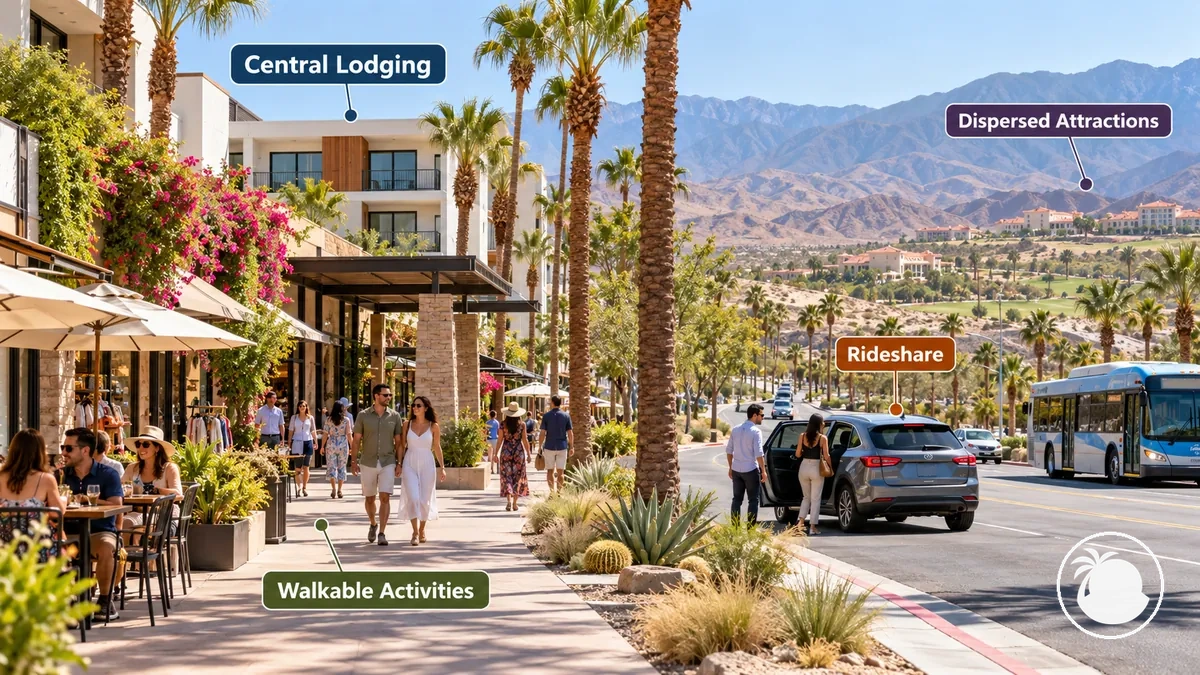 Fußgängerzugang von einer zentralen Basis und weitere Fahrten in Palm Springs und Palm Desert