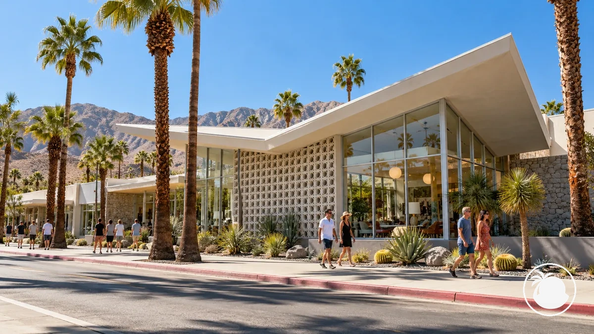 Mid-Century-Modern-Gebäude, von einer Fußroute in der Innenstadt von Palm Springs aus sichtbar, mit charakteristischen Architekturdetails.
