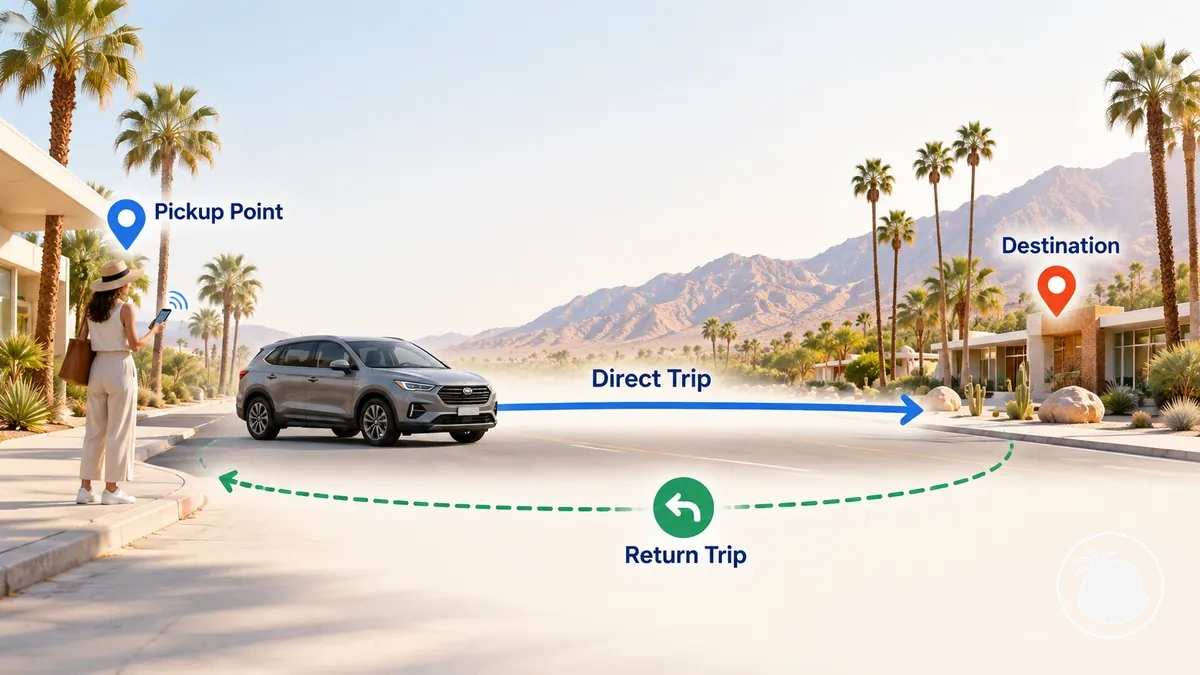 Illustration einer Rideshare-Abholung und einer direkten Verbindung zu einem Ziel in Palm Springs mit Prüfung der Rückfahrt