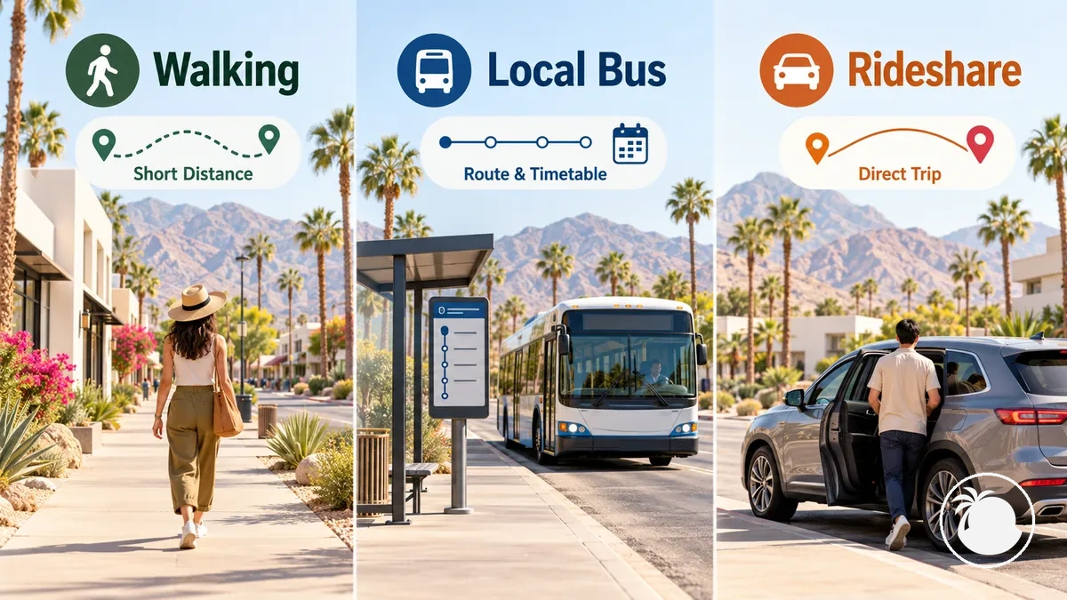Vergleichsgrafik zu Fußweg, SunLine-Bussen und Rideshare für unterschiedliche Bedingungen von Fahrten in Palm Springs