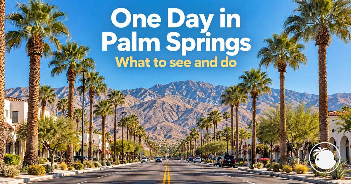 Palm-lined downtown Palm Springs street with mountains beyond