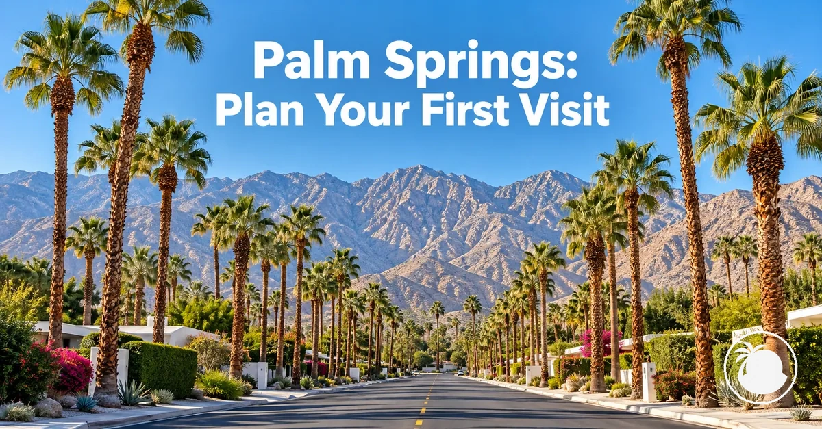 Palm-lined street in Palm Springs with mountains in the background