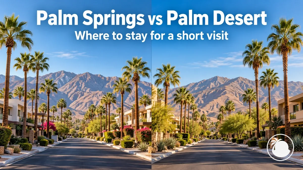 Palm trees and resort buildings against the Coachella Valley mountains