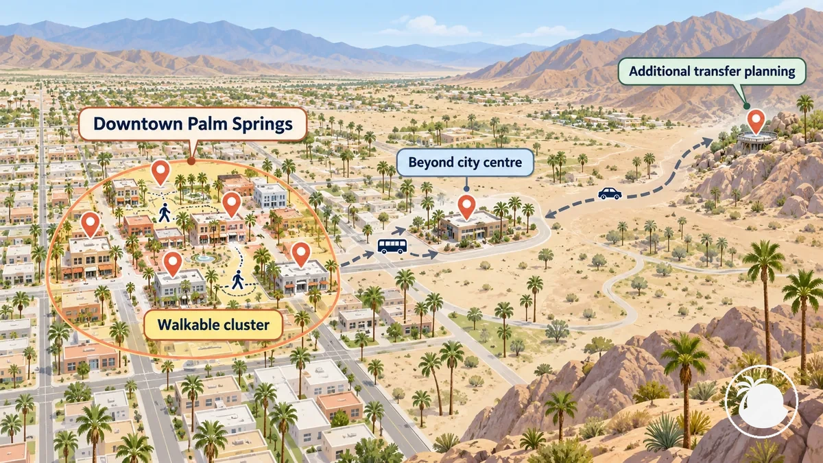 Annotated Palm Springs location graphic comparing the downtown cluster with attractions beyond the city centre