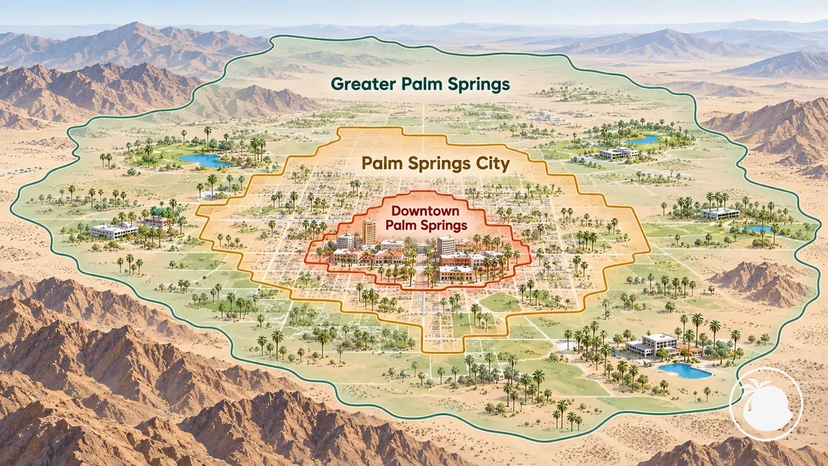 Diagram showing downtown Palm Springs within Palm Springs city and the wider Greater Palm Springs region