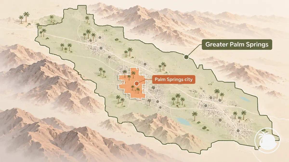 Comparison graphic showing Palm Springs city as a smaller geographic scope within the wider Greater Palm Springs region