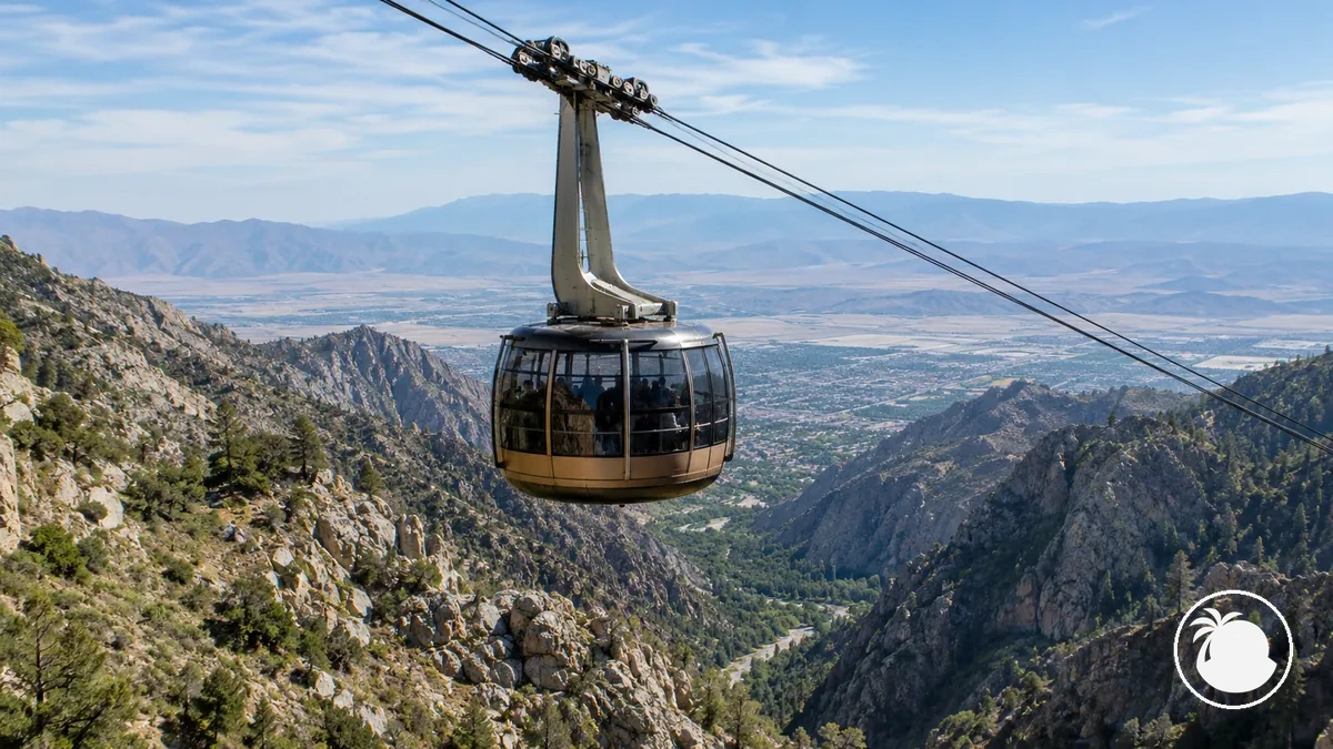 Palm Springs Aerial Tramway rotating tram car above Chino Canyon with valley views