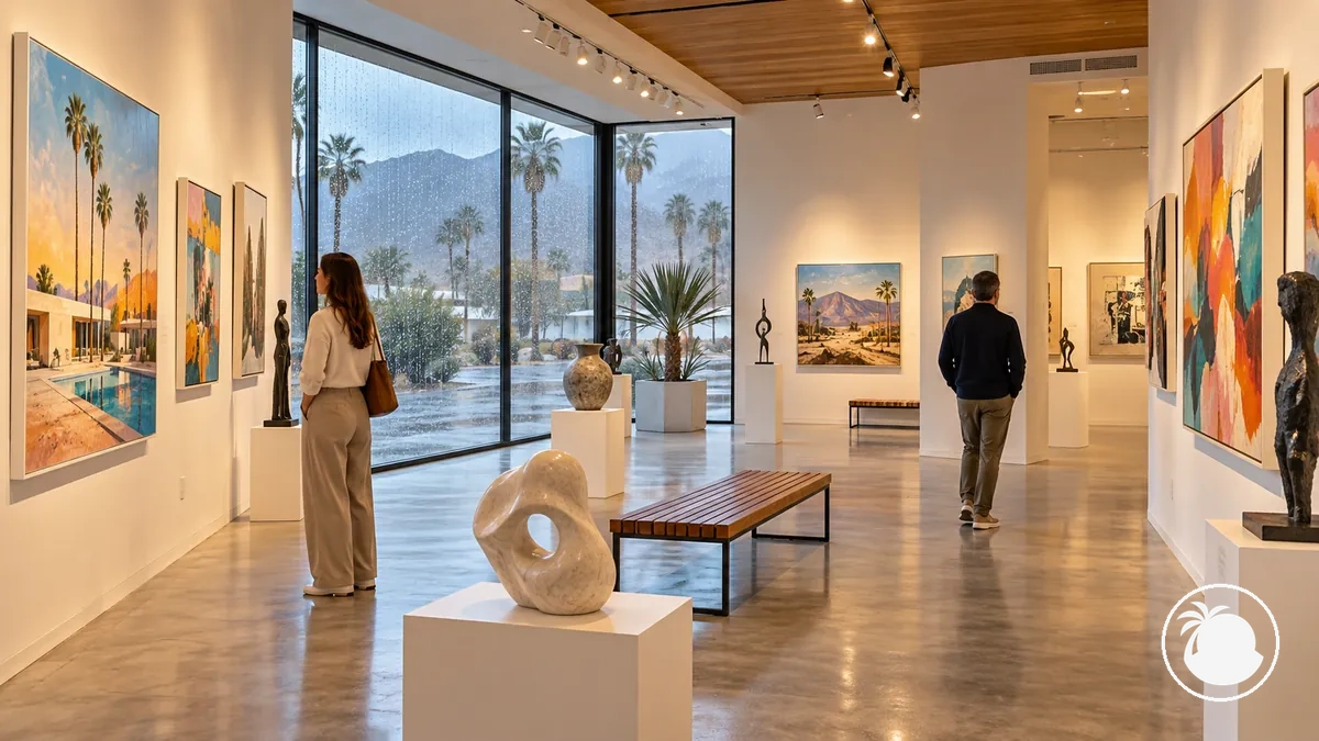 Indoor Palm Springs art gallery with displayed artwork and a sheltered visitor space.