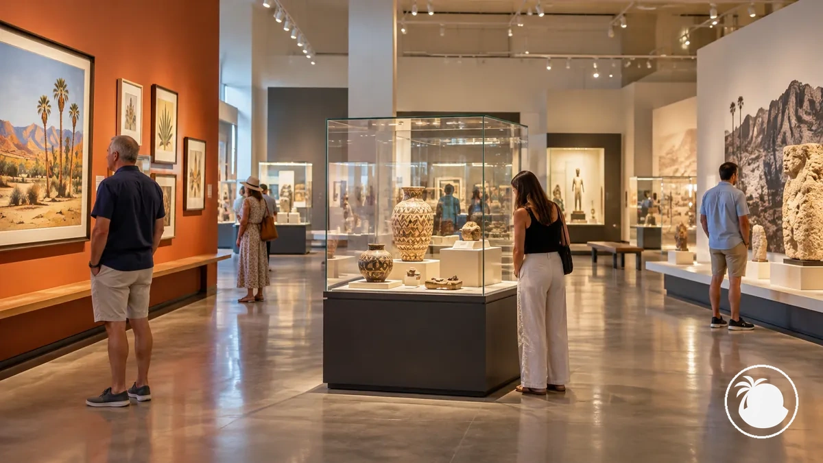 Indoor museum exhibition space in Palm Springs with visitors viewing displays.