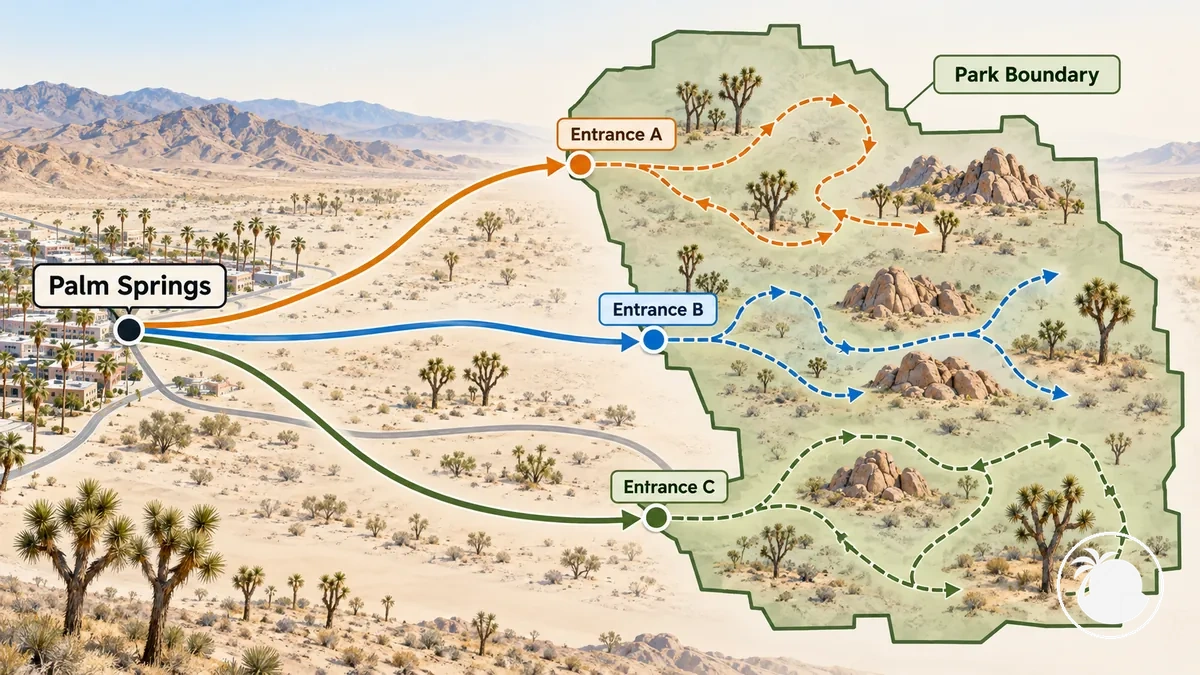 Schematic route options from Palm Springs to different Joshua Tree park entrances