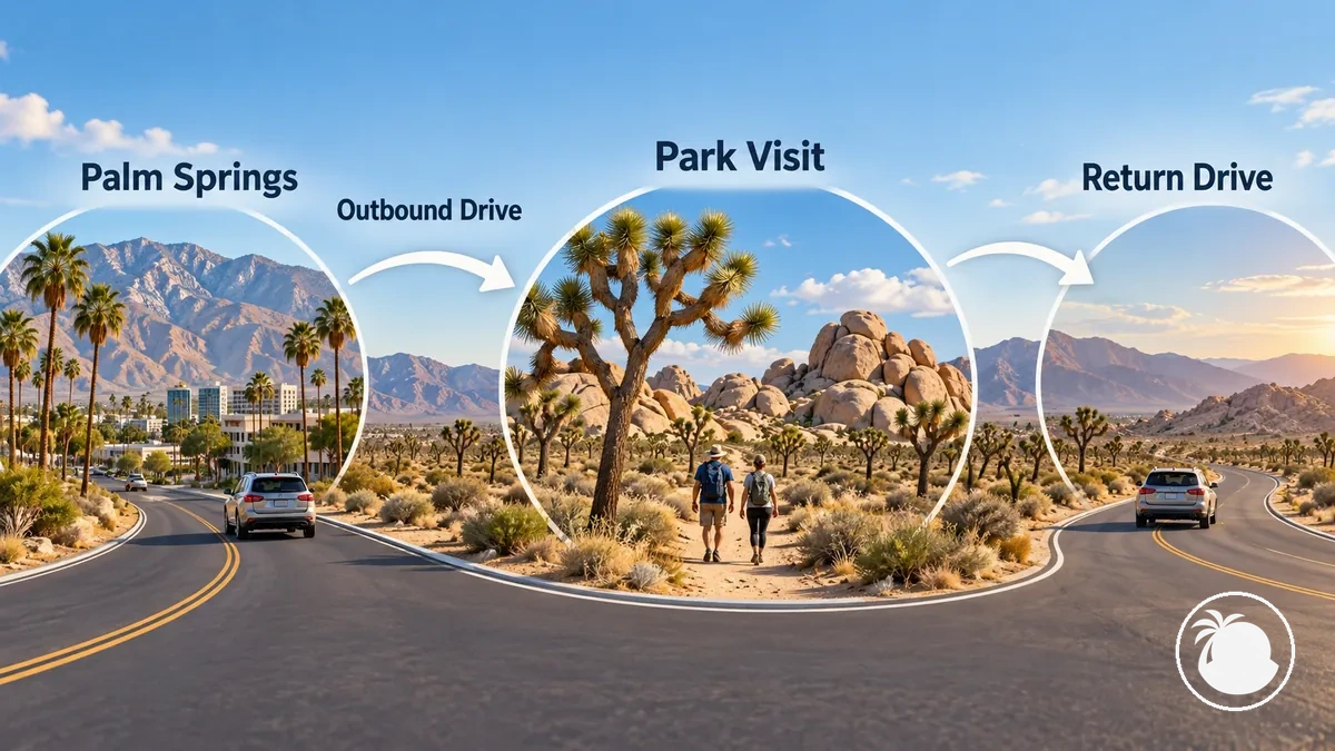 Illustrated time sequence for a Joshua Tree day trip from Palm Springs showing outbound drive, park visit, and return
