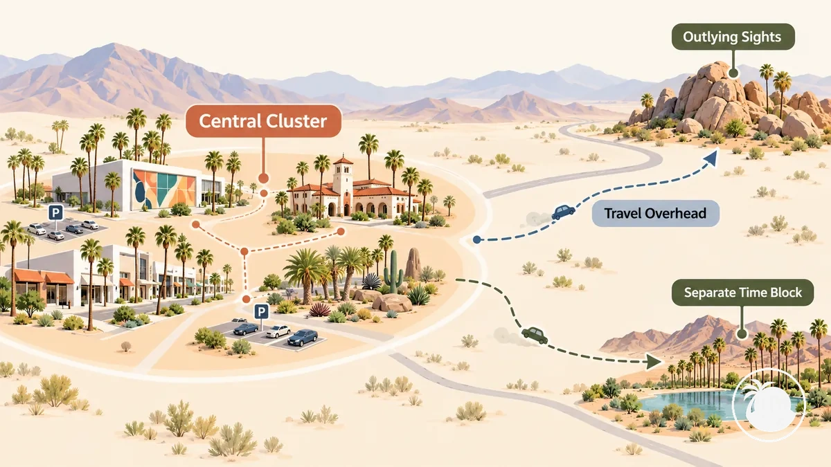 Simplified Palm Springs sightseeing diagram showing central attraction clustering and outlying sights
