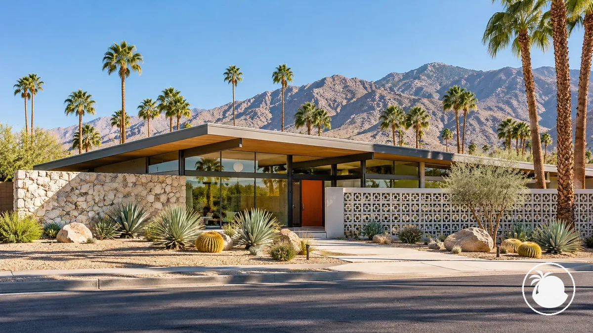Midcentury modern architecture in Palm Springs with low rooflines and distinctive desert-modern design details