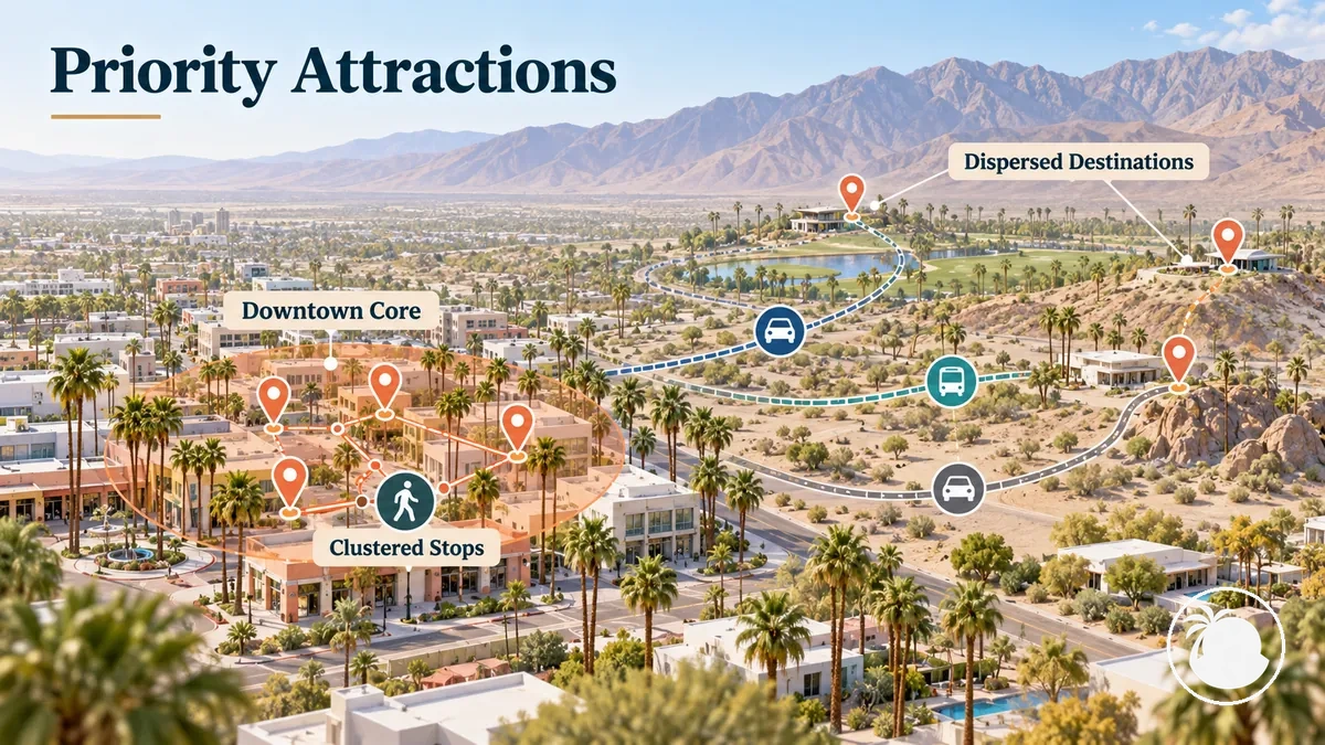 Clustered and dispersed priority attractions illustrating different travel distances in Palm Springs