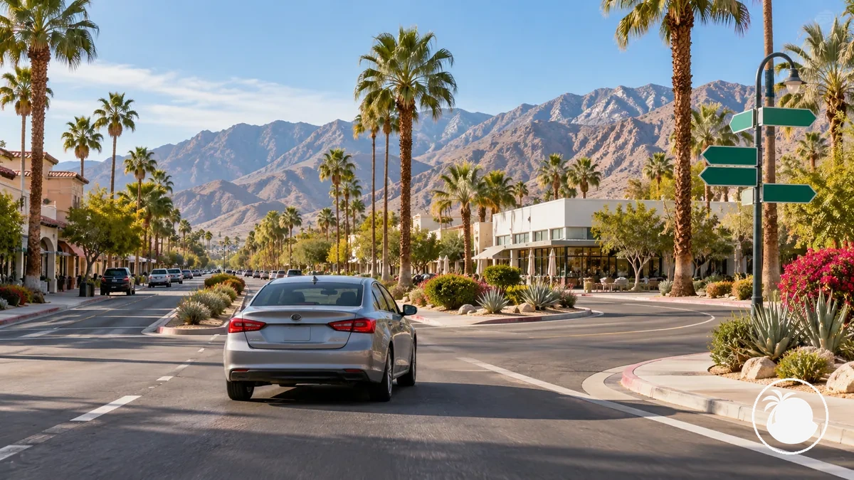 Ordinary car travelling through Palm Springs during multi-stop sightseeing