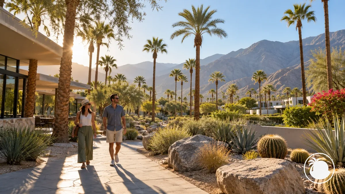 Early morning sightseeing in Palm Springs with low sunlight, long shadows and palm-lined desert scenery