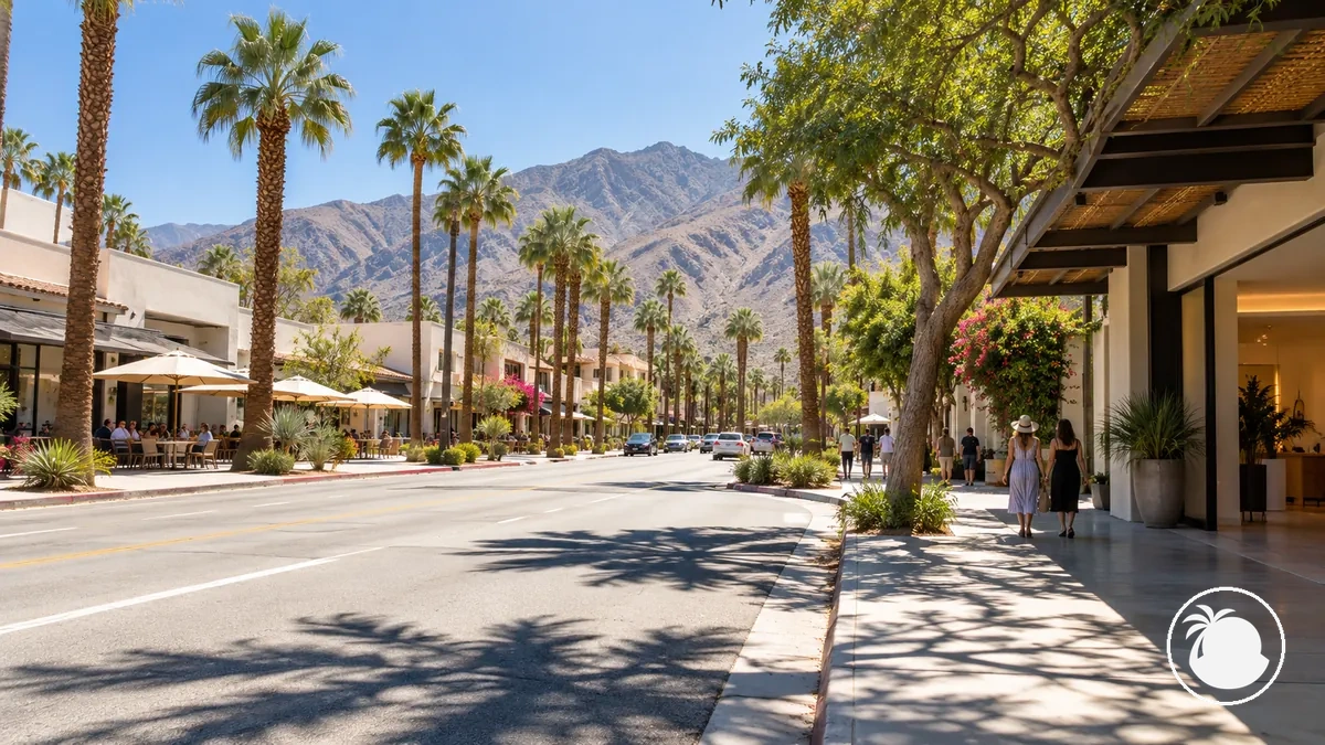 Strong summer sunlight over a Palm Springs street with palms, desert mountains and shaded areas