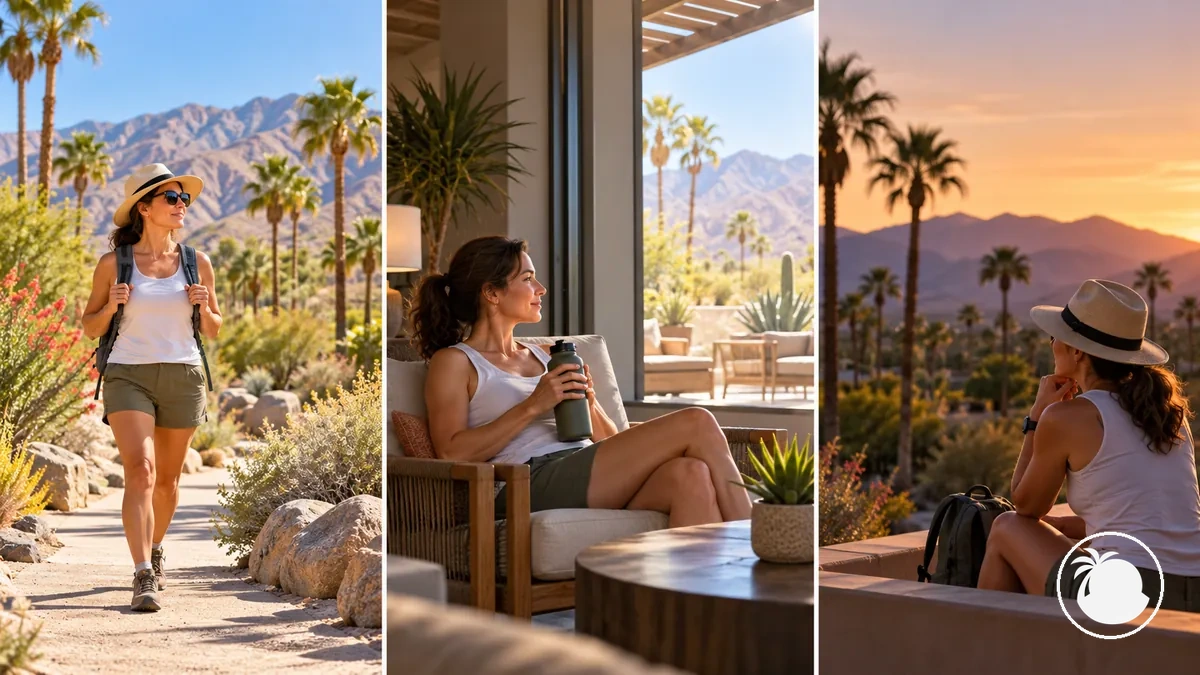 Illustration of a Palm Springs summer day shifting from morning outdoor sightseeing to an indoor afternoon break and evening reassessment