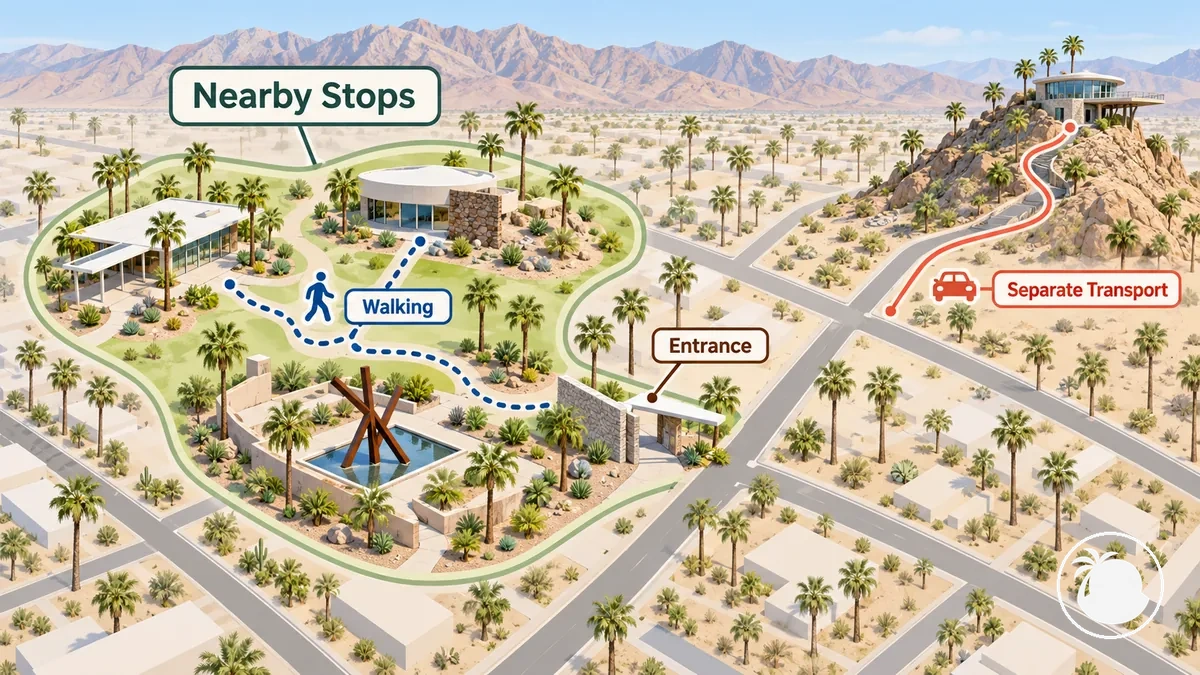 Simplified Palm Springs sightseeing map showing nearby stops grouped by area and a farther stop needing separate transport