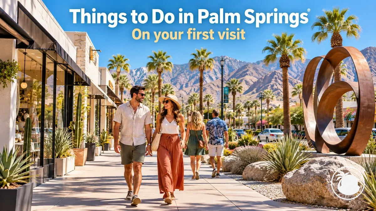 Visitors walking past shops and public art in Palm Springs