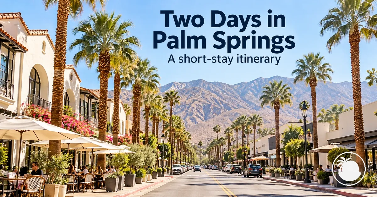 Outdoor cafes and palm trees along a Palm Springs street