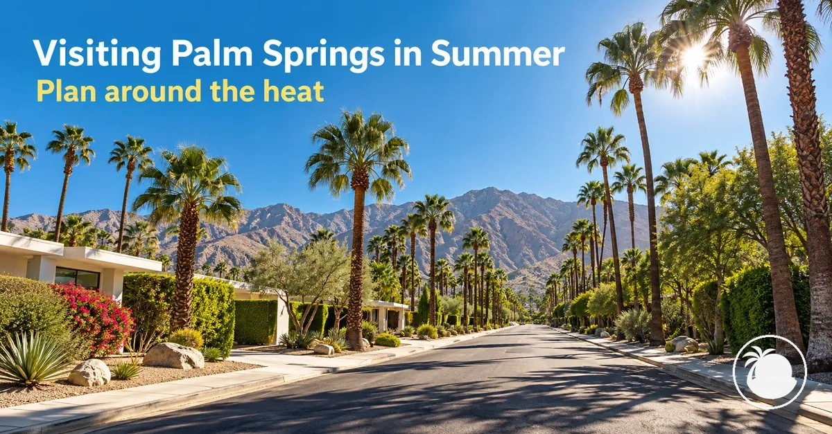 Bright summer sunlight over a palm-lined street in Palm Springs