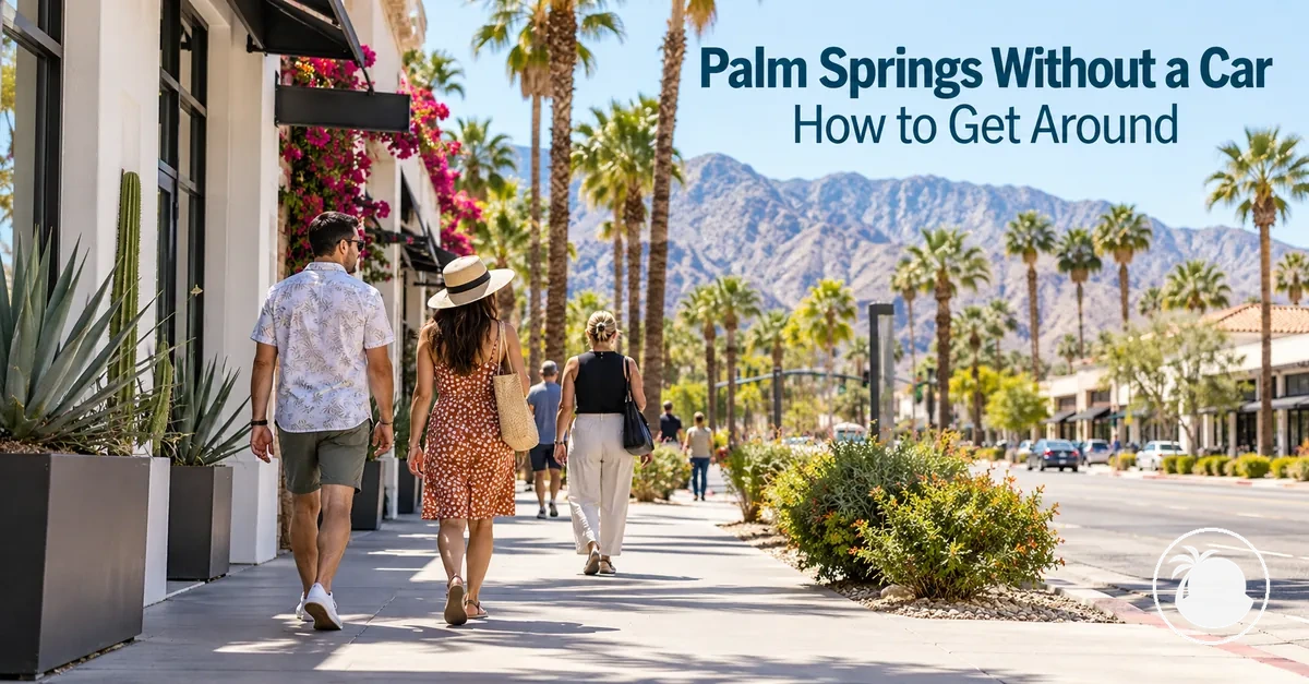Pedestrians walking along a downtown Palm Springs sidewalk