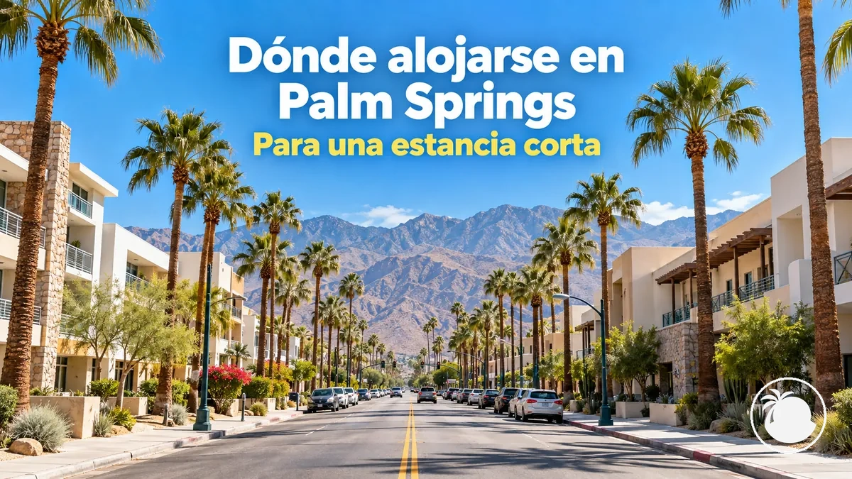 Calle con palmeras cerca de varios hoteles en el centro de Palm Springs