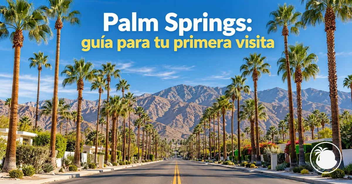 Calle bordeada de palmeras en Palm Springs, con montañas al fondo