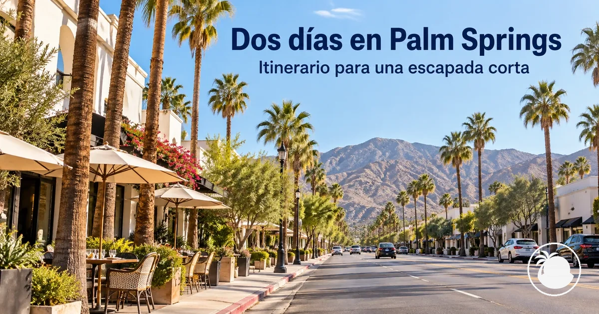 Terrazas de cafeterías y palmeras en una calle de Palm Springs