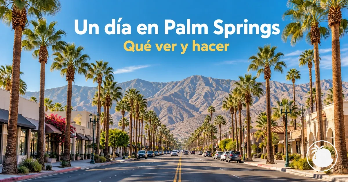 Calle del centro de Palm Springs bordeada de palmeras, con montañas al fondo