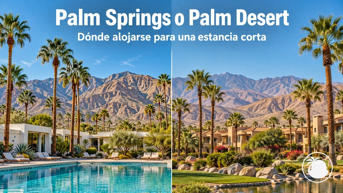 Palmeras y edificios de resorts frente a las montañas del valle de Coachella