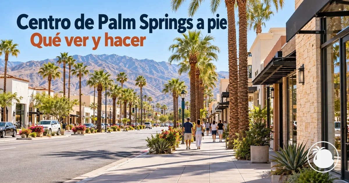 Tiendas y palmeras en una calle del centro de Palm Springs que se puede recorrer a pie.