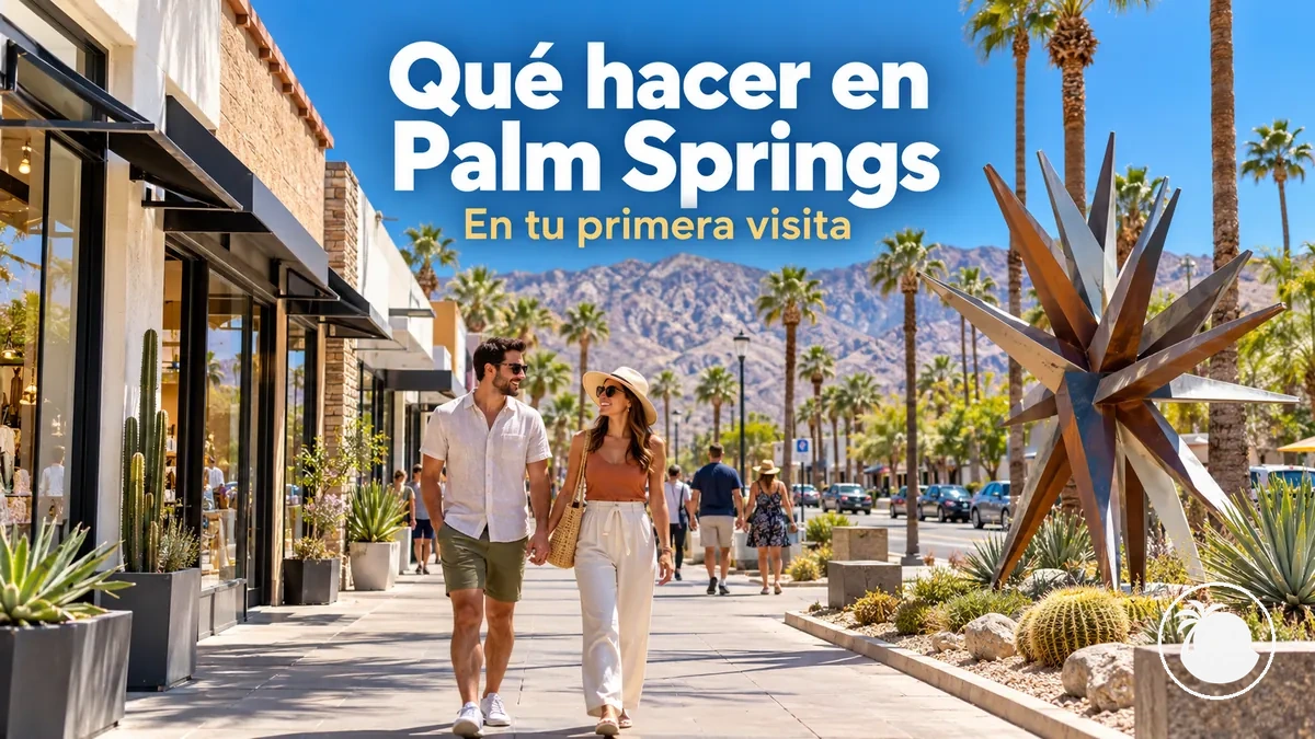 Visitantes paseando junto a tiendas y obras de arte público en Palm Springs