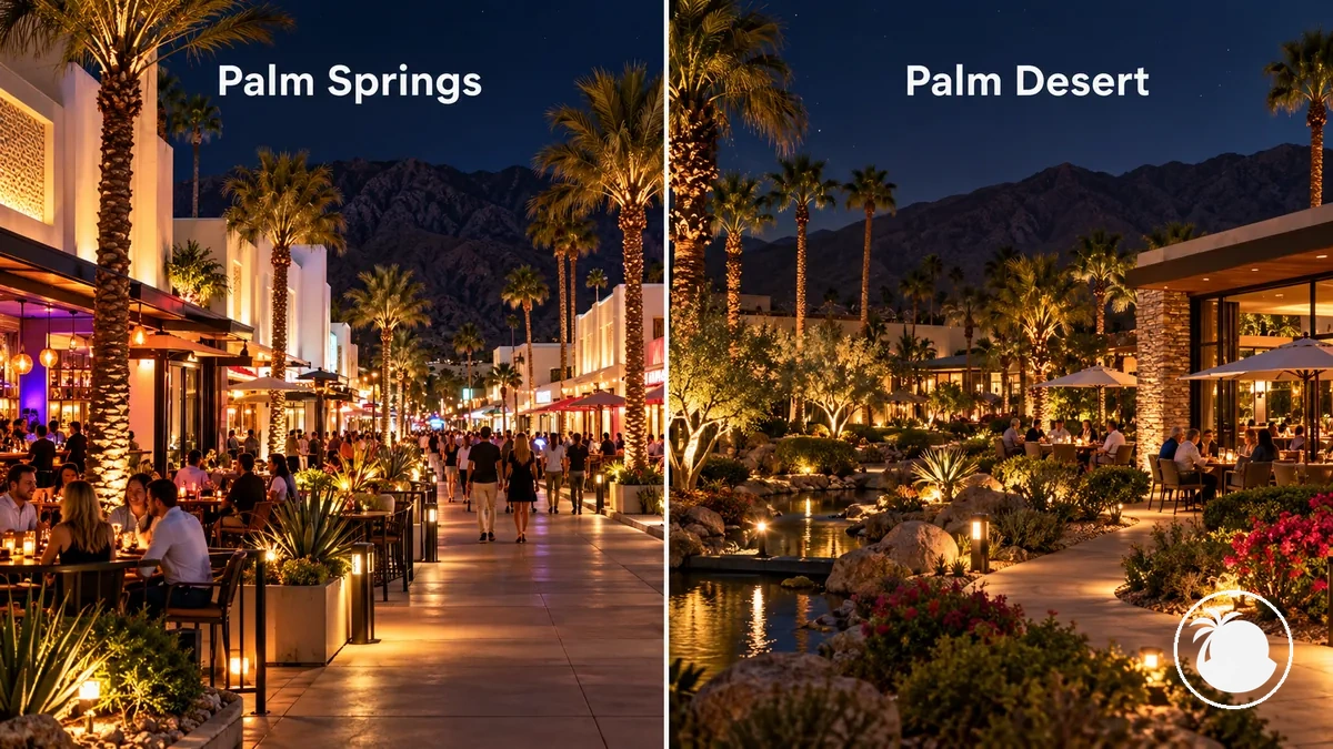 Animado distrito nocturno de Palm Springs junto a un entorno más tranquilo de resort y restaurantes en Palm Desert