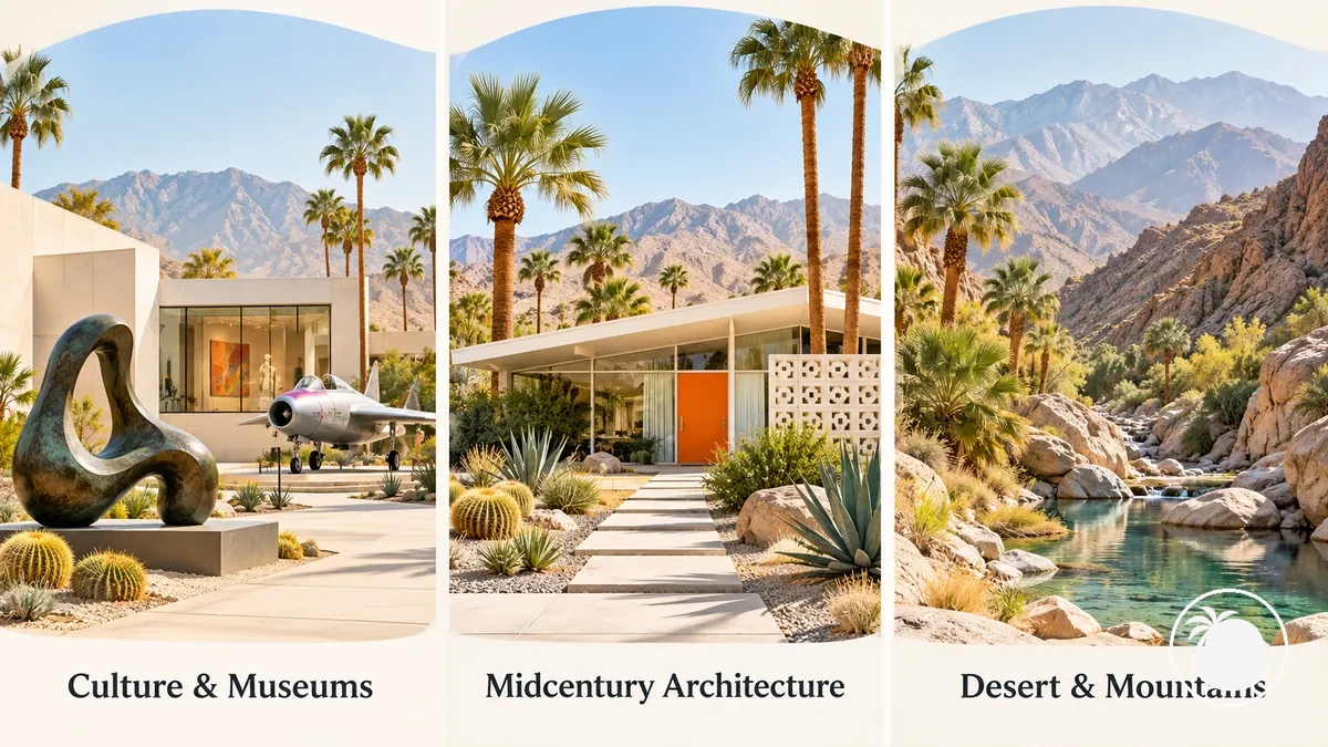 Intereses de visita en Palm Springs mostrados como cultura, arquitectura de mediados de siglo y paisaje desértico o de montaña