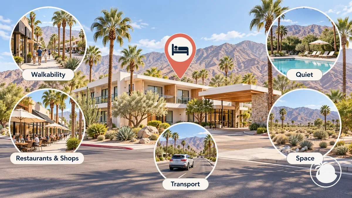 Zona de alojamiento de Palm Springs con acceso a pie, restaurantes y tiendas, espacio tranquilo y acceso al transporte