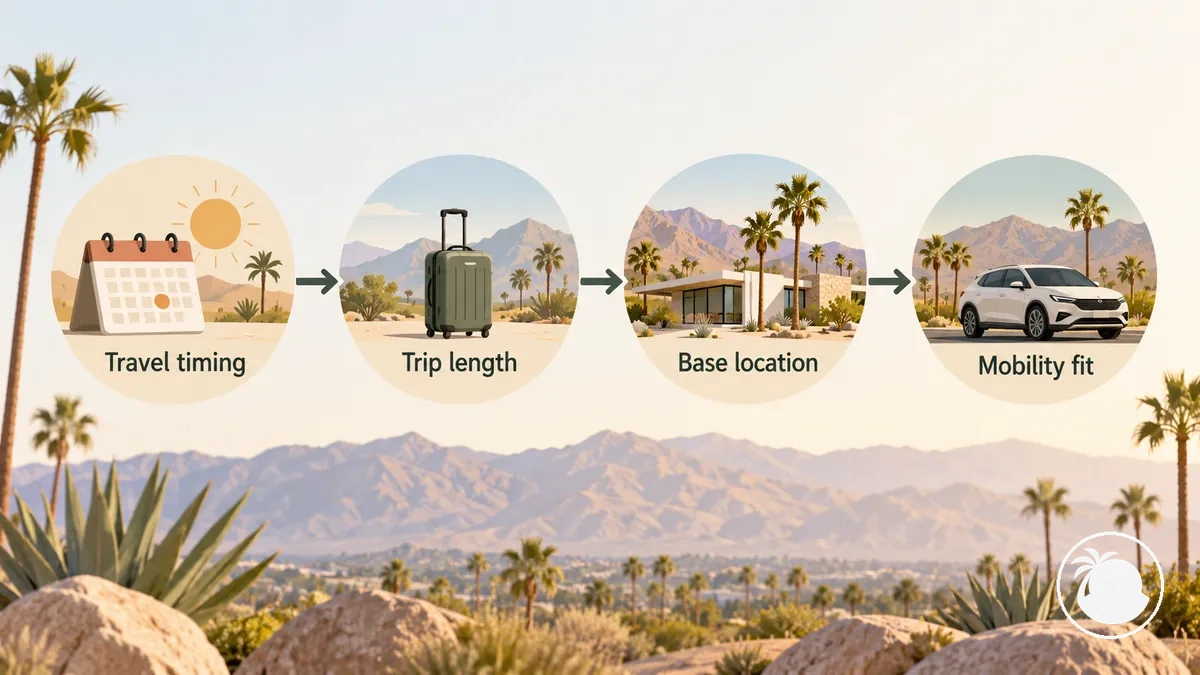 Diagrama que muestra cómo las decisiones sobre fechas, duración de la visita, ubicación de la base y movilidad dependen unas de otras en una visita a Palm Springs