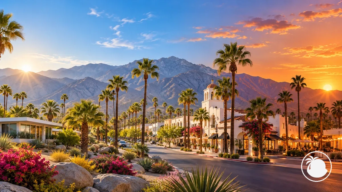 Ilustración de un día de visitas en Palm Springs que avanza de la mañana a la noche