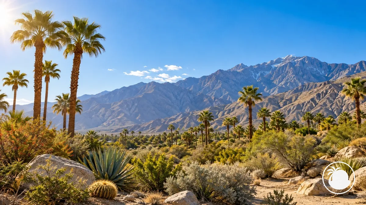 Desierto y palmeras de Palm Springs con tiempo primaveral cálido
