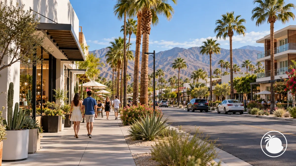 Calle de Uptown Palm Springs con acera peatonal, tiendas, fachadas de restaurantes y edificios de baja altura