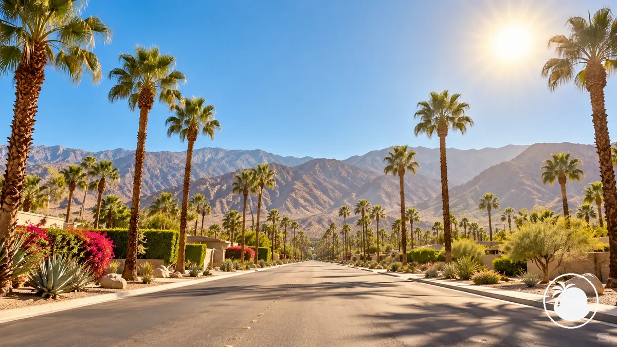 Palm Springs bajo la intensa luz solar del verano con palmeras y montañas del desierto